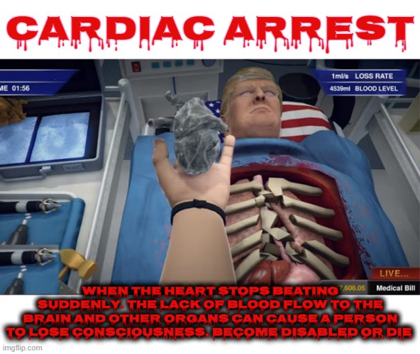CARDIAC ARREST | CARDIAC ARREST; WHEN THE HEART STOPS BEATING SUDDENLY. THE LACK OF BLOOD FLOW TO THE BRAIN AND OTHER ORGANS CAN CAUSE A PERSON TO LOSE CONSCIOUSNESS, BECOME DISABLED OR DIE | image tagged in cardiac arrest,heart attack,cardiac infarction,asystole,angina,congestive heart failure | made w/ Imgflip meme maker
