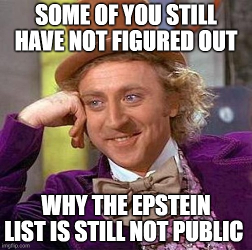 Epstein List | SOME OF YOU STILL HAVE NOT FIGURED OUT; WHY THE EPSTEIN LIST IS STILL NOT PUBLIC | image tagged in memes,creepy condescending wonka,epstein list,truth | made w/ Imgflip meme maker