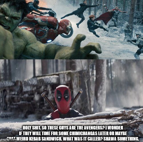 Wade meets The Avengers for the first time | HOLY SHIT. SO THESE GUYS ARE THE AVENGERS? I WONDER IF THEY WILL TIME FOR SOME CHIMICHANGAS LATER OR MAYBE THAT WEIRD KEBAB SANDWICH. WHAT WAS IT CALLED? SHAWA SOMETHING. | image tagged in avengers,deadpool | made w/ Imgflip meme maker