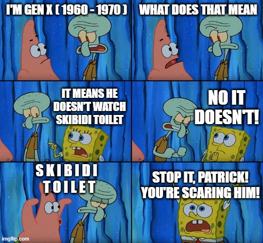I hate skibidi toilet | I'M GEN X ( 1960 - 1970 ); WHAT DOES THAT MEAN; NO IT DOESN'T! IT MEANS HE DOESN'T WATCH SKIBIDI TOILET; S K I B I D I
  T O I L E T; STOP IT, PATRICK! YOU'RE SCARING HIM! | image tagged in stop it patrick you're scaring him | made w/ Imgflip meme maker