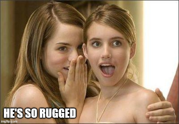 Girls gossiping | HE'S SO RUGGED | image tagged in girls gossiping | made w/ Imgflip meme maker