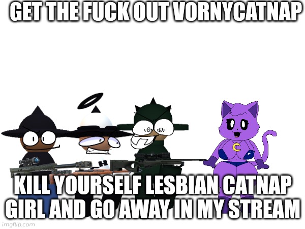 Get the fuck out vornycatnap | GET THE FUCK OUT VORNYCATNAP; KILL YOURSELF LESBIAN CATNAP GIRL AND GO AWAY IN MY STREAM | image tagged in banbodi,3 banbodi brother,catnap,fnf,dave and bambi | made w/ Imgflip meme maker