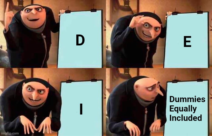 Gru's Plan Meme | D E I Dummies
Equally
Included | image tagged in memes,gru's plan | made w/ Imgflip meme maker