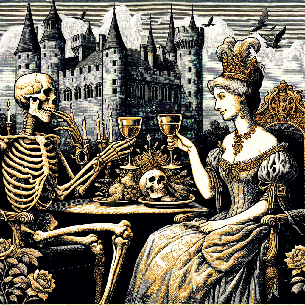 High Quality medieval illustration depicting a skeleton having a glass of win Blank Meme Template