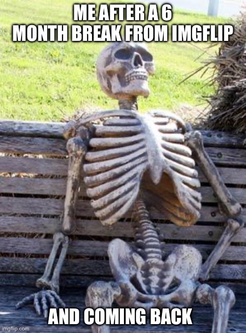 Waiting Skeleton | ME AFTER A 6 MONTH BREAK FROM IMGFLIP; AND COMING BACK | image tagged in memes,waiting skeleton | made w/ Imgflip meme maker