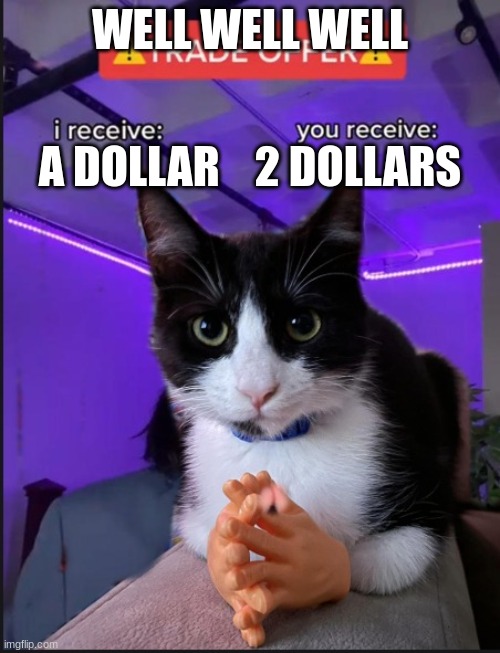 Trade offer cat | WELL WELL WELL; A DOLLAR    2 DOLLARS | image tagged in trade offer cat | made w/ Imgflip meme maker