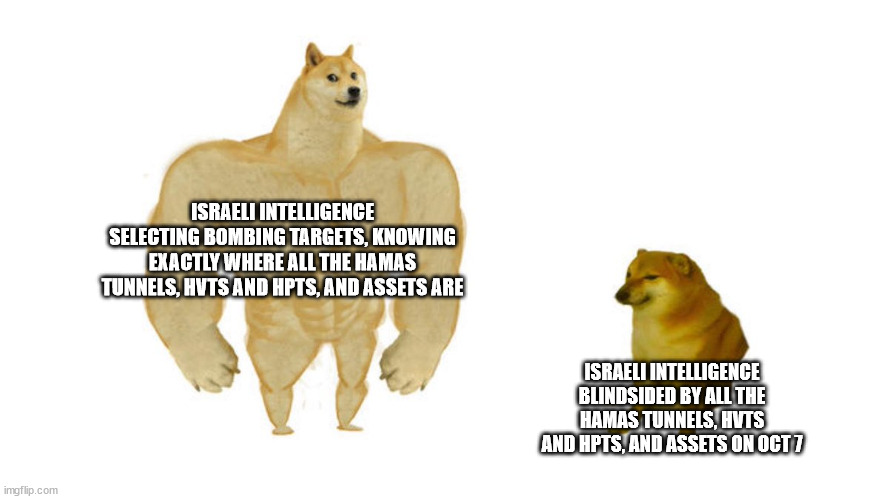 Mossad versus mossad? | ISRAELI INTELLIGENCE SELECTING BOMBING TARGETS, KNOWING EXACTLY WHERE ALL THE HAMAS TUNNELS, HVTS AND HPTS, AND ASSETS ARE; ISRAELI INTELLIGENCE BLINDSIDED BY ALL THE HAMAS TUNNELS, HVTS AND HPTS, AND ASSETS ON OCT 7 | image tagged in dodge chad vs virgin | made w/ Imgflip meme maker
