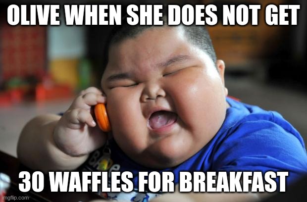 Olive | OLIVE WHEN SHE DOES NOT GET; 30 WAFFLES FOR BREAKFAST | image tagged in fat asian kid | made w/ Imgflip meme maker