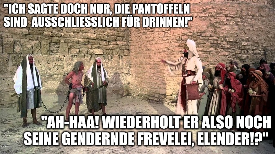 Monty Python’s Life of Brian: Stoning | "ICH SAGTE DOCH NUR, DIE PANTOFFELN SIND  AUSSCHLIESSLICH FÜR DRINNEN!"; "AH-HAA! WIEDERHOLT ER ALSO NOCH SEINE GENDERNDE FREVELEI, ELENDER!?" | image tagged in monty python s life of brian stoning | made w/ Imgflip meme maker