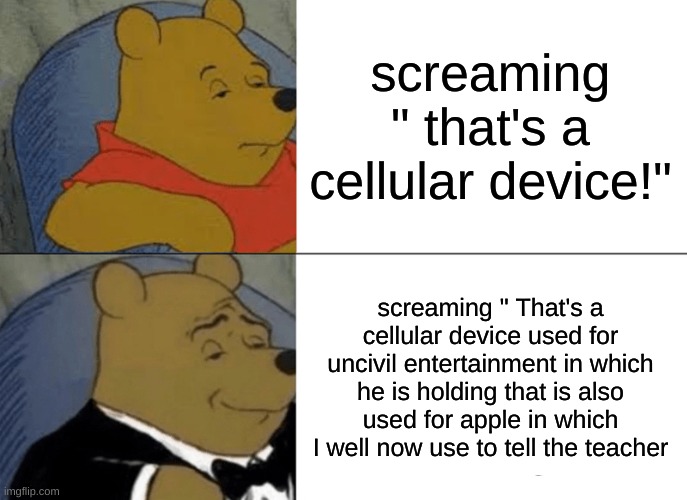 idk | screaming " that's a cellular device!"; screaming " That's a cellular device used for uncivil entertainment in which he is holding that is also used for apple in which I well now use to tell the teacher | image tagged in memes,tuxedo winnie the pooh | made w/ Imgflip meme maker