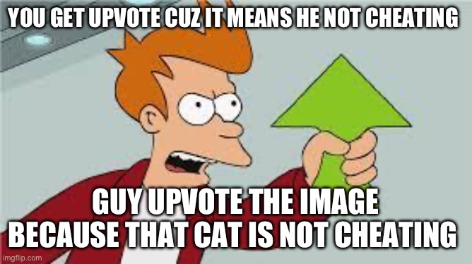 shut up and take my upvote | YOU GET UPVOTE CUZ IT MEANS HE NOT CHEATING GUY UPVOTE THE IMAGE BECAUSE THAT CAT IS NOT CHEATING | image tagged in shut up and take my upvote | made w/ Imgflip meme maker