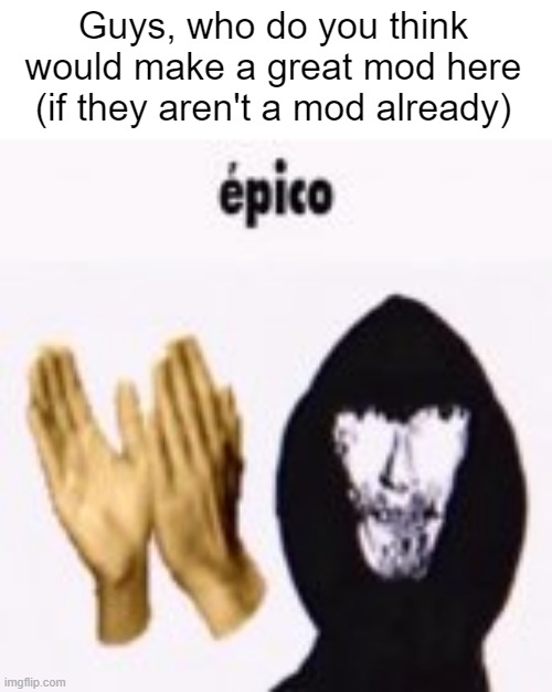 intruder epico still image | Guys, who do you think would make a great mod here (if they aren't a mod already) | image tagged in intruder epico still image | made w/ Imgflip meme maker
