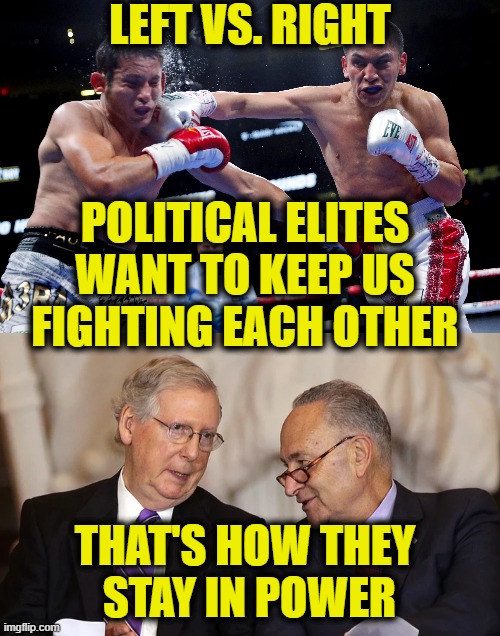 Divide & conquer | LEFT VS. RIGHT; POLITICAL ELITES
WANT TO KEEP US
FIGHTING EACH OTHER; THAT'S HOW THEY
 STAY IN POWER | made w/ Imgflip meme maker