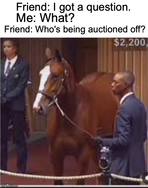 NAH | Friend: I got a question. Me: What? Friend: Who's being auctioned off? | image tagged in memes,dark,unfunny | made w/ Imgflip meme maker