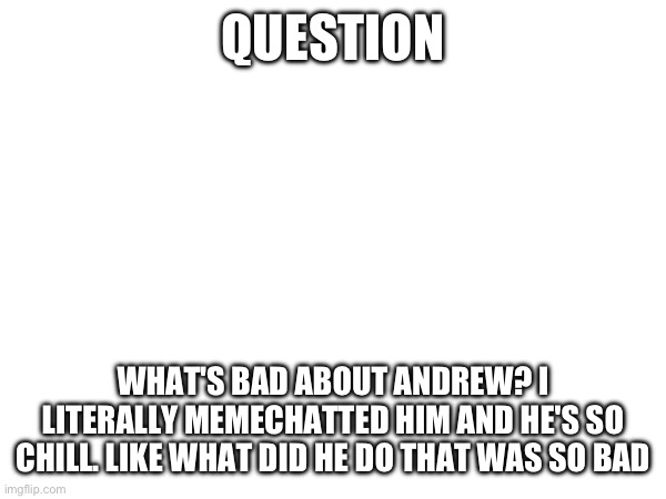 QUESTION; WHAT'S BAD ABOUT ANDREW? I LITERALLY MEMECHATTED HIM AND HE'S SO CHILL. LIKE WHAT DID HE DO THAT WAS SO BAD | made w/ Imgflip meme maker