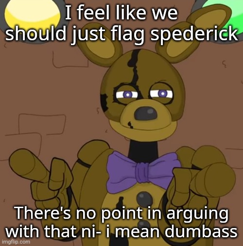 hehehehaw fack u | I feel like we should just flag spederick; There's no point in arguing with that ni- i mean dumbass | image tagged in hehehehaw fack u | made w/ Imgflip meme maker
