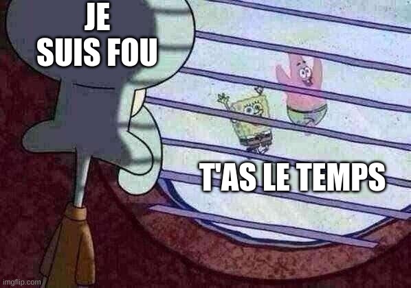 Squidward window | JE SUIS FOU; T'AS LE TEMPS | image tagged in squidward window | made w/ Imgflip meme maker