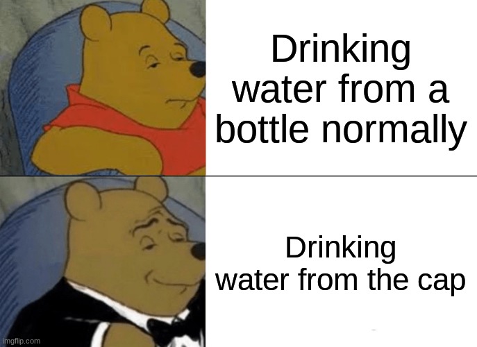 It's more fancier with the cap. | Drinking water from a bottle normally; Drinking water from the cap | image tagged in memes,tuxedo winnie the pooh,fancy winnie the pooh meme,fancy meme,water bottle | made w/ Imgflip meme maker