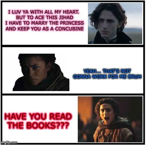 Paul and Chani Drama | I LUV YA WITH ALL MY HEART. 
BUT TO ACE THIS JIHAD I HAVE TO MARRY THE PRINCESS AND KEEP YOU AS A CONCUBINE; YEAH... THAT'S NOT GONNA WORK FOR ME BRUH; HAVE YOU READ THE BOOKS??? | image tagged in blank comic panel 1x3,dune | made w/ Imgflip meme maker