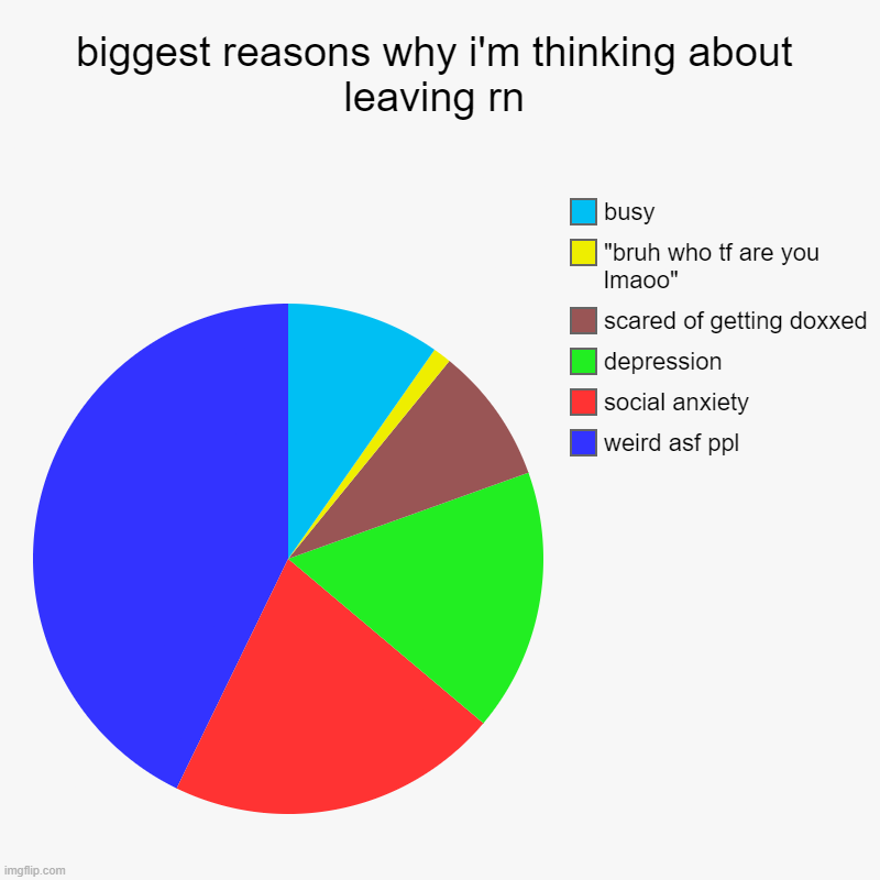 nope, do not try to cheer me up. | biggest reasons why i'm thinking about leaving rn | weird asf ppl, social anxiety, depression, scared of getting doxxed, "bruh who tf are yo | image tagged in charts,pie charts | made w/ Imgflip chart maker
