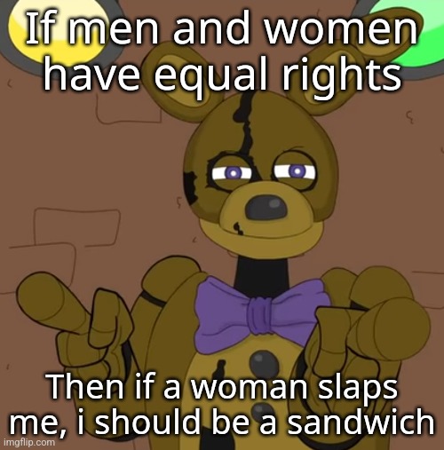 hehehehaw fack u | If men and women have equal rights; Then if a woman slaps me, i should be a sandwich | image tagged in hehehehaw fack u | made w/ Imgflip meme maker