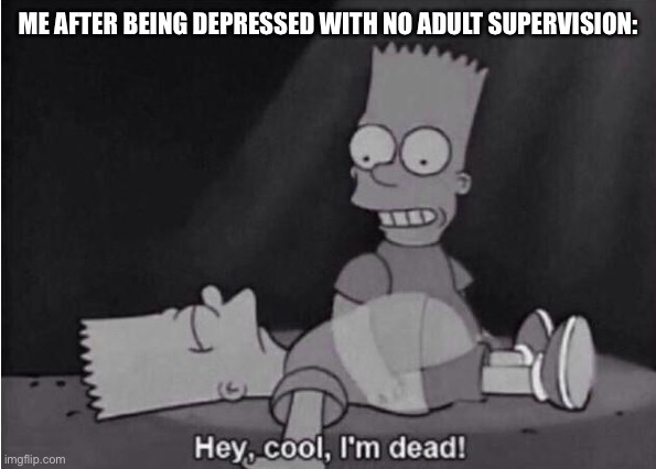 Hey, cool, I'm dead! | ME AFTER BEING DEPRESSED WITH NO ADULT SUPERVISION: | image tagged in hey cool i'm dead | made w/ Imgflip meme maker
