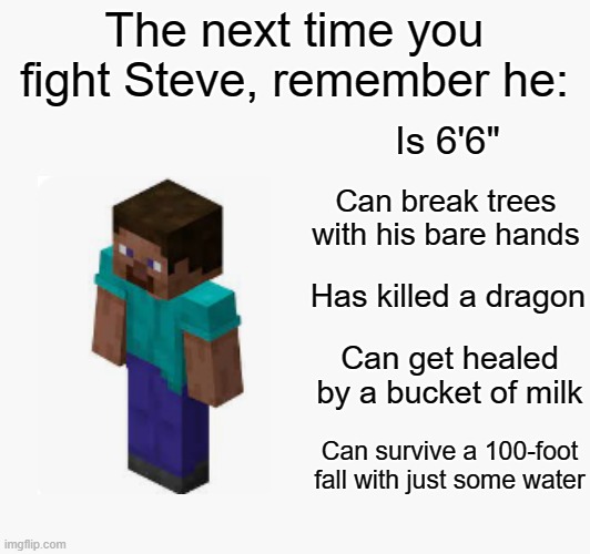 Steve | The next time you fight Steve, remember he:; Is 6'6"; Can break trees with his bare hands; Has killed a dragon; Can get healed by a bucket of milk; Can survive a 100-foot fall with just some water | image tagged in steve | made w/ Imgflip meme maker