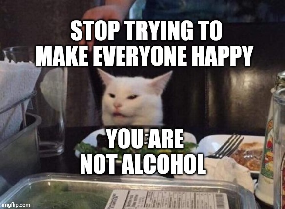 Smudge that darn cat | STOP TRYING TO MAKE EVERYONE HAPPY; YOU ARE NOT ALCOHOL | image tagged in smudge that darn cat | made w/ Imgflip meme maker