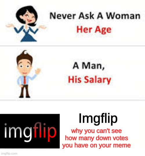 Never ask a woman her age | Imgflip; why you can't see how many down votes you have on your meme | image tagged in never ask a woman her age,memes,funny,imgflip,funny memes | made w/ Imgflip meme maker