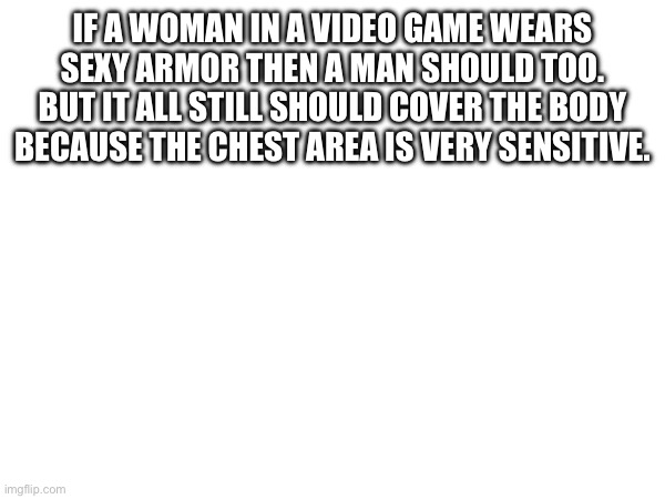 IF A WOMAN IN A VIDEO GAME WEARS SEXY ARMOR THEN A MAN SHOULD TOO. BUT IT ALL STILL SHOULD COVER THE BODY BECAUSE THE CHEST AREA IS VERY SENSITIVE. | made w/ Imgflip meme maker