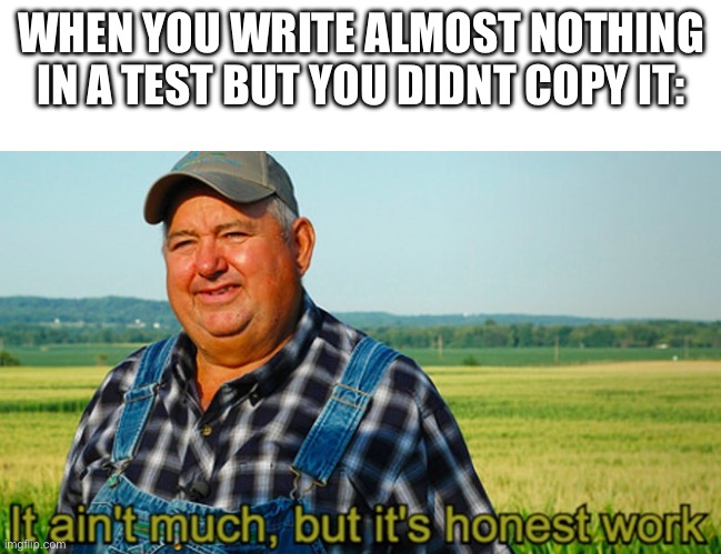 It ain't much, but it's honest work | WHEN YOU WRITE ALMOST NOTHING IN A TEST BUT YOU DIDNT COPY IT: | image tagged in it ain't much but it's honest work | made w/ Imgflip meme maker