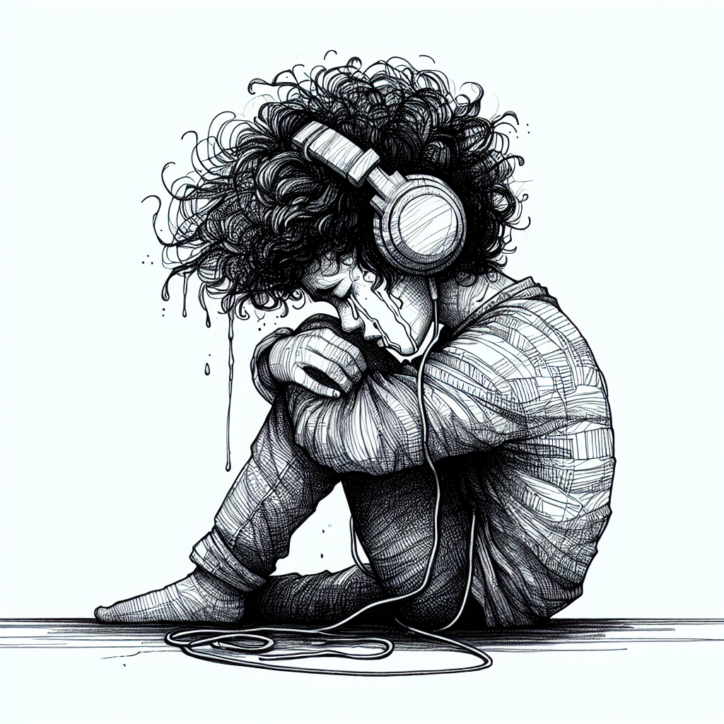 High Quality very sad, crying, sitting on the ground, headphones, curly hair Blank Meme Template