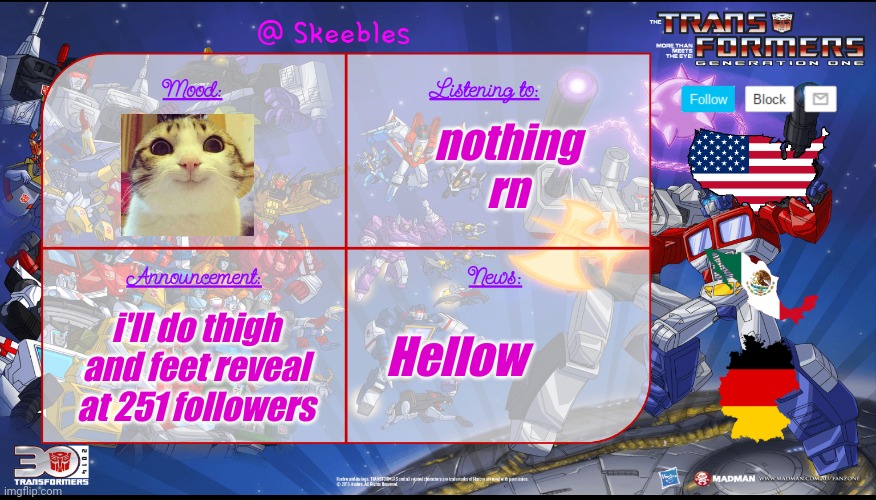 Skeebles announcement temp. | nothing rn; i'll do thigh and feet reveal at 251 followers; Hellow | image tagged in skeebles announcement temp | made w/ Imgflip meme maker