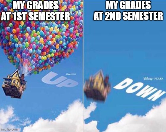 true | MY GRADES AT 1ST SEMESTER; MY GRADES AT 2ND SEMESTER | image tagged in up and down,school | made w/ Imgflip meme maker