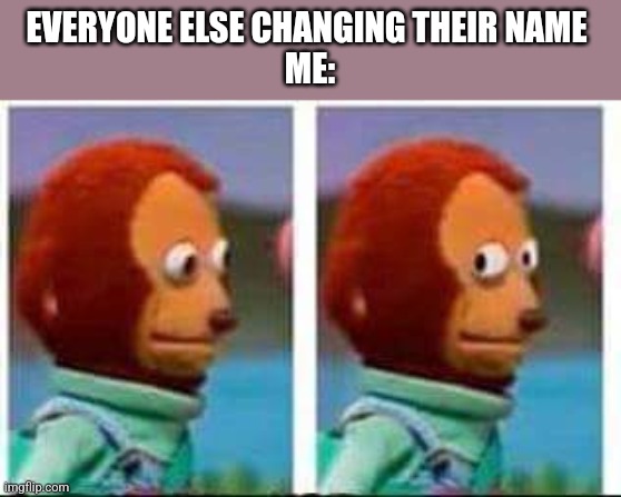 Monkey Puppet | EVERYONE ELSE CHANGING THEIR NAME 
ME: | image tagged in monkey puppet | made w/ Imgflip meme maker