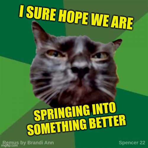 Remus | I SURE HOPE WE ARE; SPRINGING INTO SOMETHING BETTER | image tagged in remus,spring,springtrap,2024,life sucks,grumpy cat | made w/ Imgflip meme maker