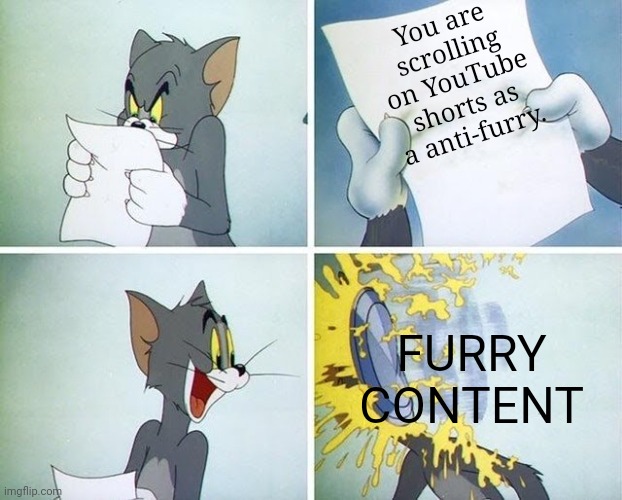 Oh So You Are An Anti-Furry? *hits you with the furry content* | You are scrolling on YouTube shorts as a anti-furry. FURRY CONTENT | image tagged in tom and jerry custard pie | made w/ Imgflip meme maker