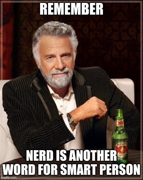 Remember | REMEMBER; NERD IS ANOTHER WORD FOR SMART PERSON | image tagged in memes,the most interesting man in the world | made w/ Imgflip meme maker