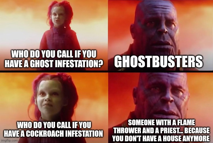 You don't have a house anymore | WHO DO YOU CALL IF YOU HAVE A GHOST INFESTATION? GHOSTBUSTERS; SOMEONE WITH A FLAME THROWER AND A PRIEST... BECAUSE YOU DON'T HAVE A HOUSE ANYMORE; WHO DO YOU CALL IF YOU HAVE A COCKROACH INFESTATION | image tagged in thanos what did it cost,jpfan102504 | made w/ Imgflip meme maker
