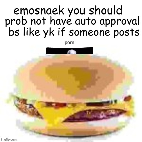 hamburger | emosnaek you should; prob not have auto approval  bs like yk if someone posts | image tagged in hamburger | made w/ Imgflip meme maker