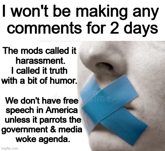 We are on the precipice of losing our freedoms | I won't be making any 
comments for 2 days; The mods called it 

harassment.

I called it truth 
with a bit of humor. We don't have free 
speech in America 
unless it parrots the
government & media 
woke agenda. | image tagged in politics,liberals vs conservatives,freedom of speech,woke,the great awakening,liberalism is a mental disorder | made w/ Imgflip meme maker