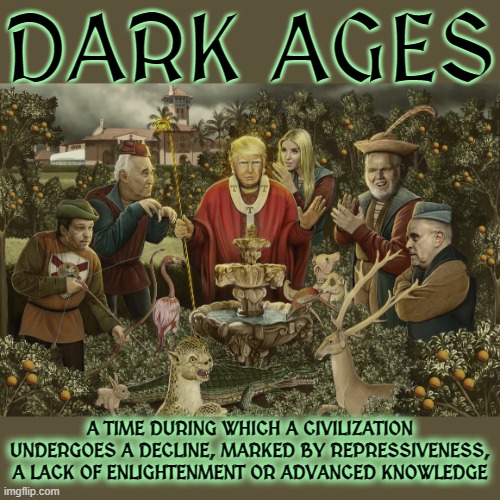 DARK AGES | DARK AGES; A TIME DURING WHICH A CIVILIZATION UNDERGOES A DECLINE, MARKED BY REPRESSIVENESS, A LACK OF ENLIGHTENMENT OR ADVANCED KNOWLEDGE | image tagged in dark ages,devolution,repressive,lack of knowledge,primitive,decline | made w/ Imgflip meme maker