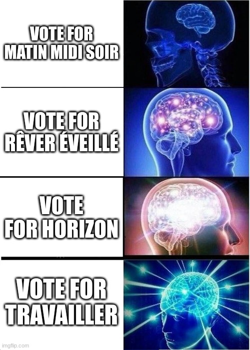 Expanding Brain Meme | VOTE FOR MATIN MIDI SOIR; VOTE FOR RÊVER ÉVEILLÉ; VOTE FOR HORIZON; VOTE FOR TRAVAILLER | image tagged in memes,expanding brain | made w/ Imgflip meme maker