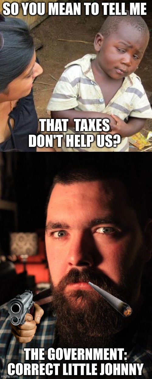 the truth of taxes... | SO YOU MEAN TO TELL ME; THAT  TAXES DON'T HELP US? THE GOVERNMENT: CORRECT LITTLE JOHNNY | image tagged in memes,third world skeptical kid,dating site murderer | made w/ Imgflip meme maker
