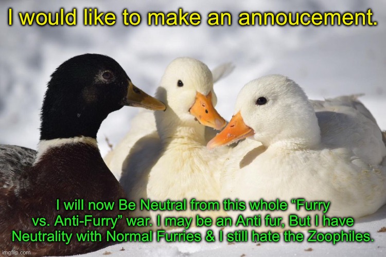 switzerland | I would like to make an annoucement. I will now Be Neutral from this whole “Furry vs. Anti-Furry” war. I may be an Anti fur, But I have Neutrality with Normal Furries & I still hate the Zoophiles. | image tagged in dunkin ducks | made w/ Imgflip meme maker