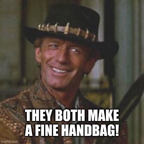 Dundee This Is A Knife | THEY BOTH MAKE A FINE HANDBAG! | image tagged in dundee this is a knife | made w/ Imgflip meme maker