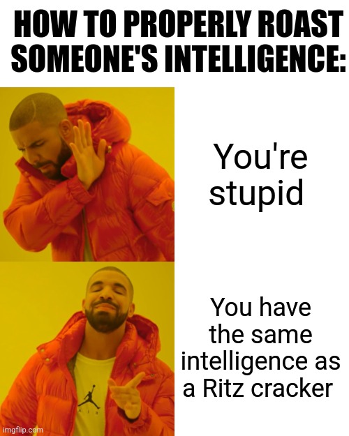 How to properly roast someone's intelligence | HOW TO PROPERLY ROAST SOMEONE'S INTELLIGENCE:; You're stupid; You have the same intelligence as a Ritz cracker | image tagged in memes,drake hotline bling,roasted,jpfan102504 | made w/ Imgflip meme maker