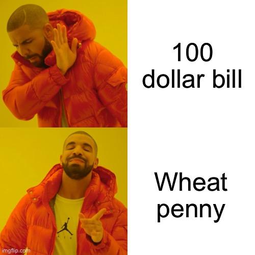 Drake Hotline Bling Meme | 100 dollar bill; Wheat penny | image tagged in memes,drake hotline bling | made w/ Imgflip meme maker