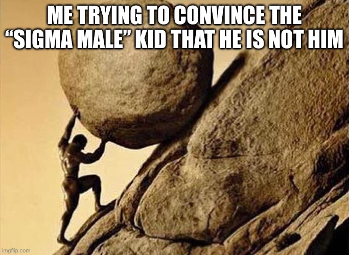 Sifisus 100% run | ME TRYING TO CONVINCE THE “SIGMA MALE” KID THAT HE IS NOT HIM | image tagged in dude carrying a rock to a hill | made w/ Imgflip meme maker