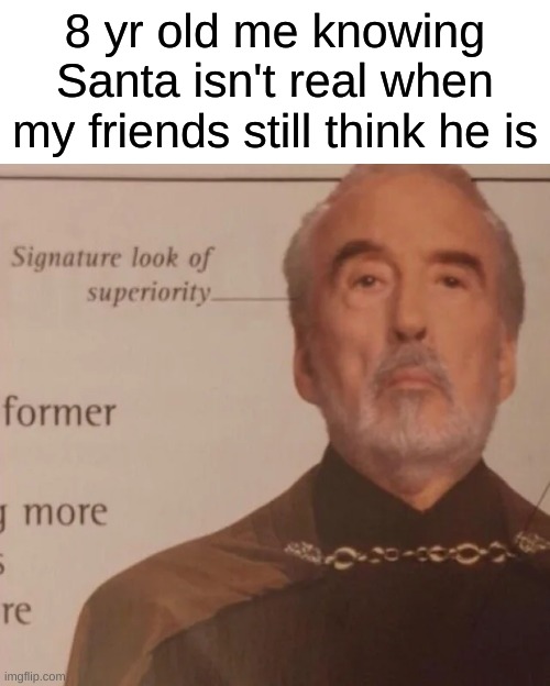 Signature Look of superiority | 8 yr old me knowing Santa isn't real when my friends still think he is | image tagged in signature look of superiority | made w/ Imgflip meme maker